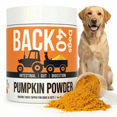 Back 40 Dogs polvo de calabaza para perros en bote, ideal para mezclar con la comida.