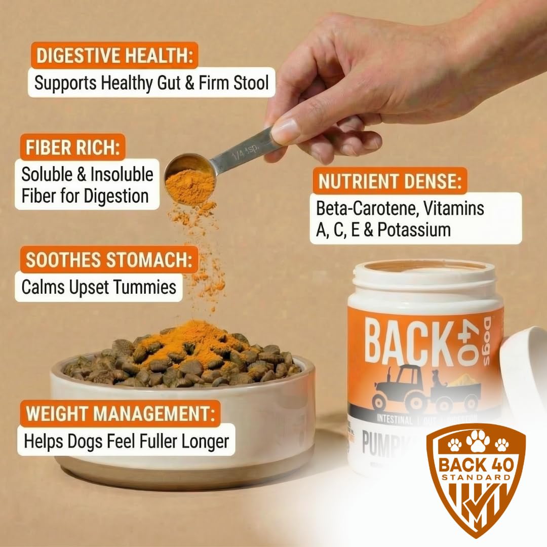 Back 40 Dogs polvo de calabaza para perros, dosificador fácil para porciones diarias.