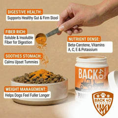 Back 40 Dogs polvo de calabaza para perros, dosificador fácil para porciones diarias.