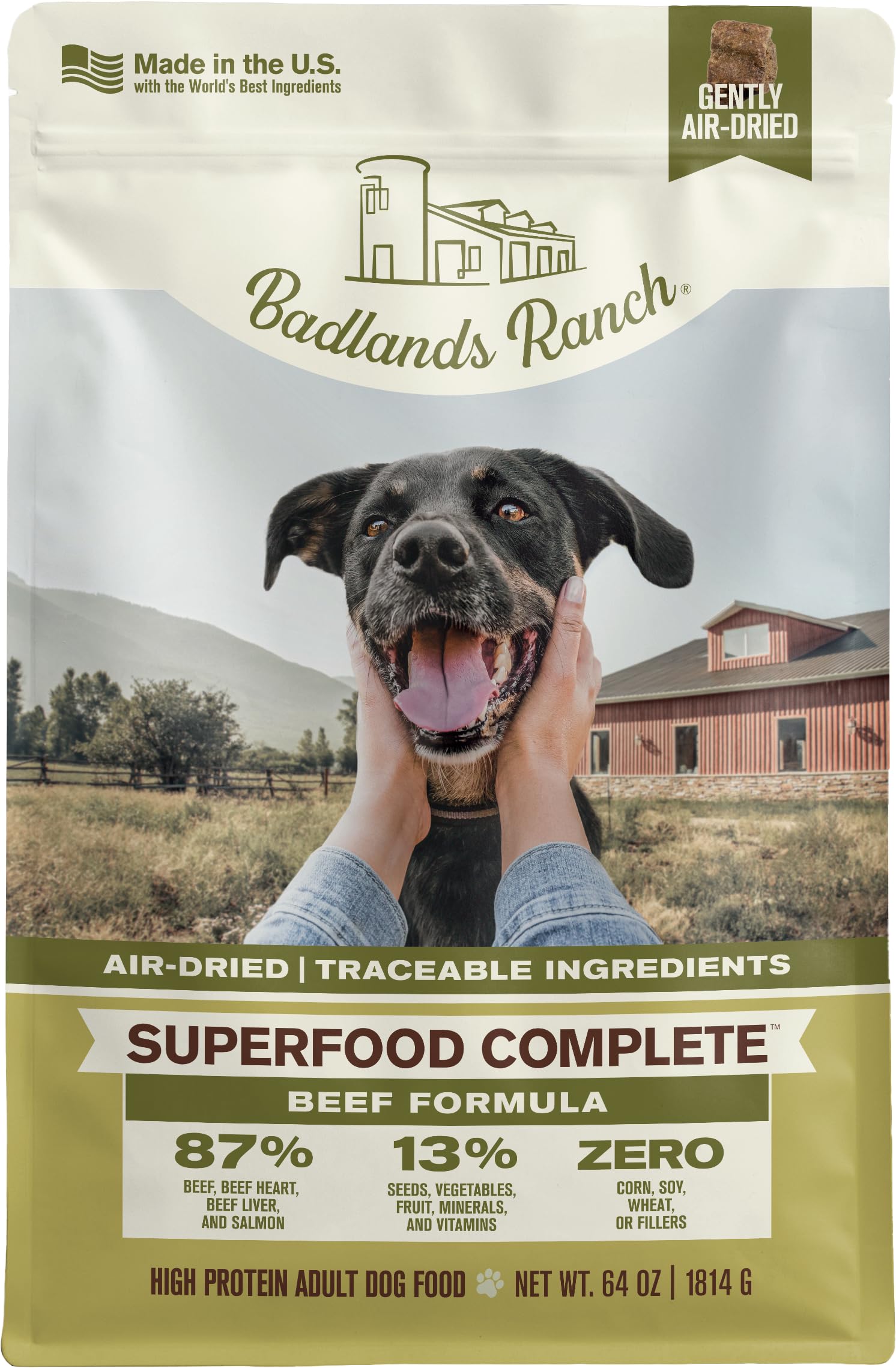 BADLANDS RANCH alimento para perro en bolsa 64oz, fácil de almacenar y servir.