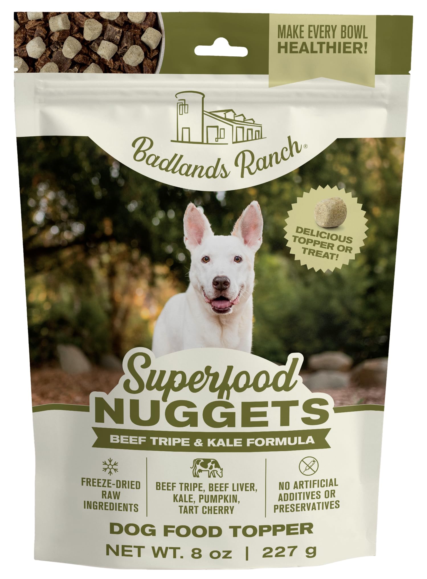 Badlands Ranch Nuggets: vista frontal de la bolsa, snack proteico para perros activos.