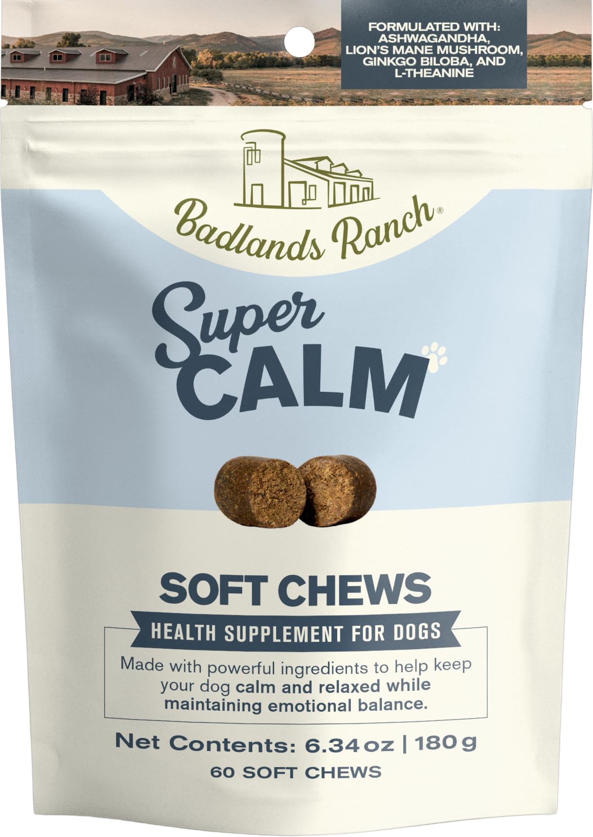 Empaque de Badlands Ranch Super Calm Chews para uso diario.