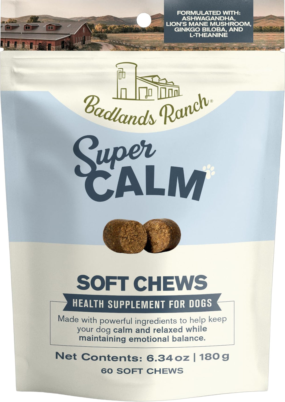 Empaque de Badlands Ranch Super Calm Chews para uso diario.