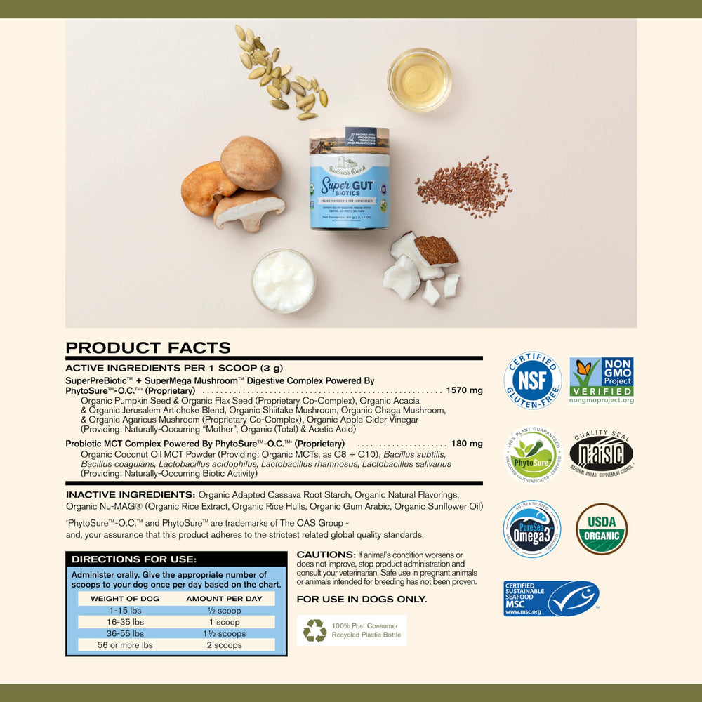 Badlands Ranch Super Gut Biotics, mezcla de hongos orgánicos, posible apoyo a la salud intestinal.
