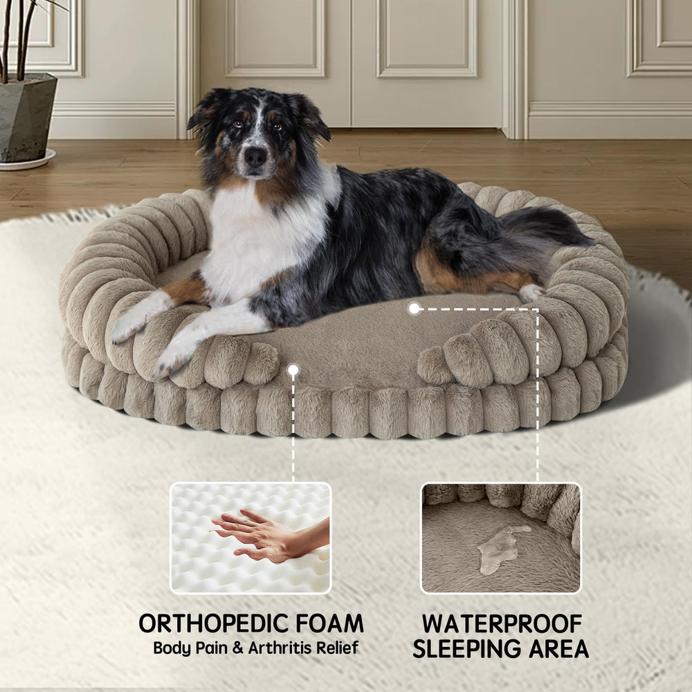 BALANCE cama para perro calmante, vista lateral de cama oval 36 pulgadas con borde acolchado.