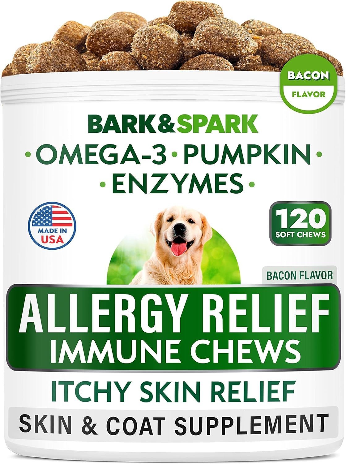 BARK&SPARK frasco de masticables para alergias y piel sana.