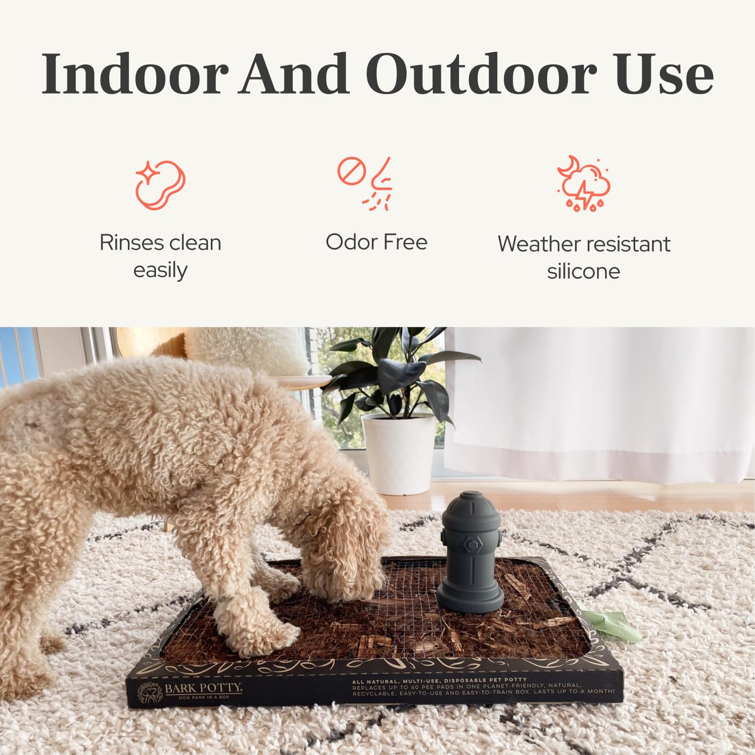 Bark Potty diseño compacto y portátil para almacenamiento sencillo.