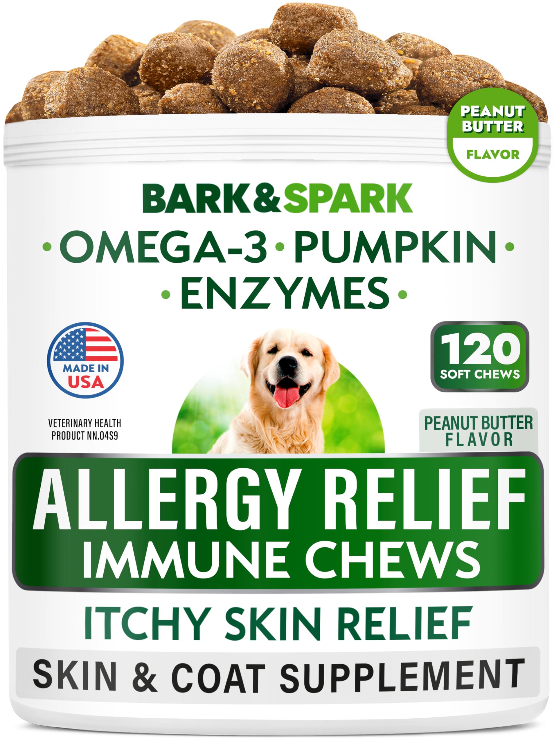 BARK&SPARK alérgias en perros en frasco de 120 masticables para apoyo de piel