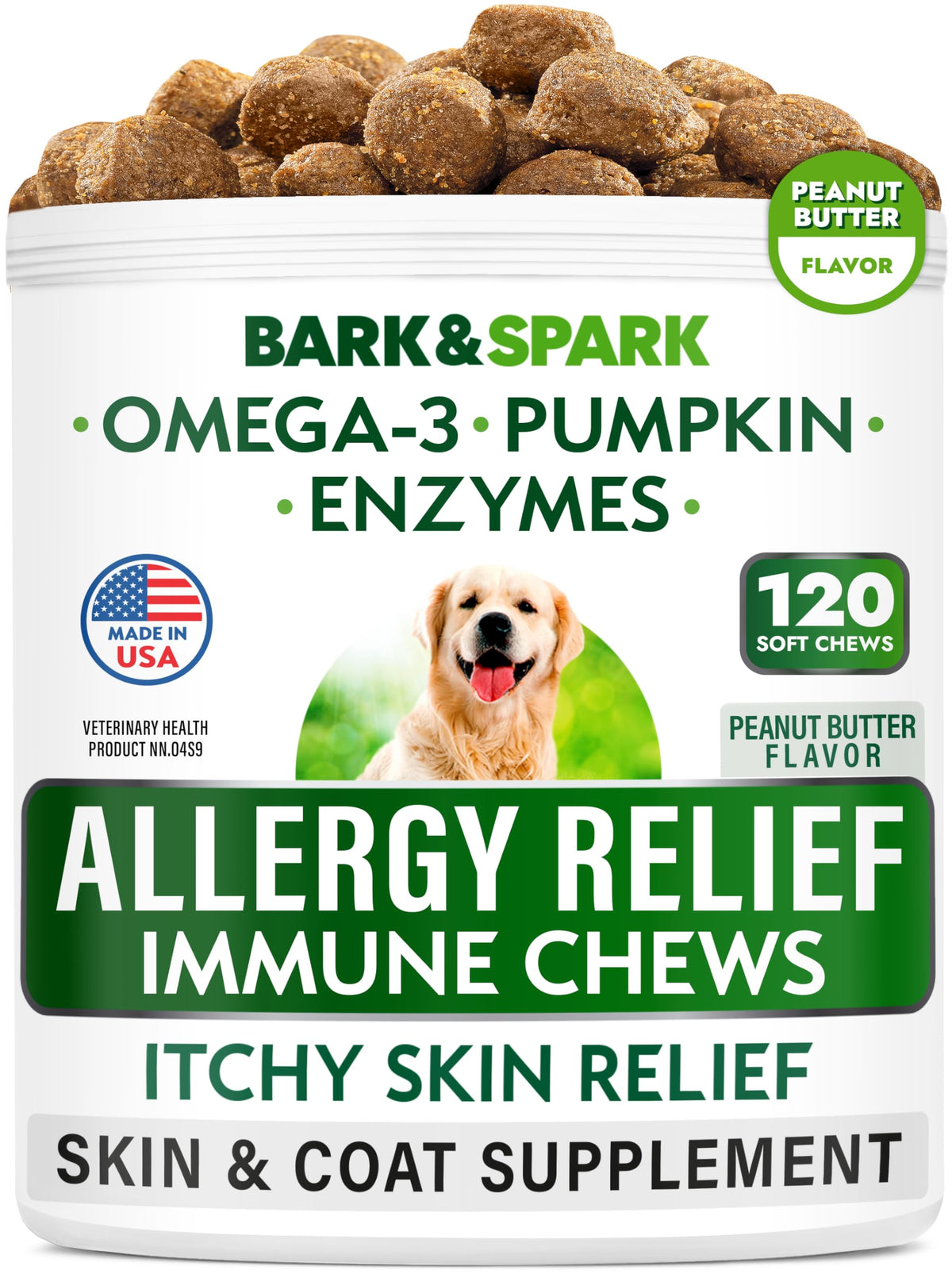BARK&SPARK alérgias en perros en frasco de 120 masticables para apoyo de piel