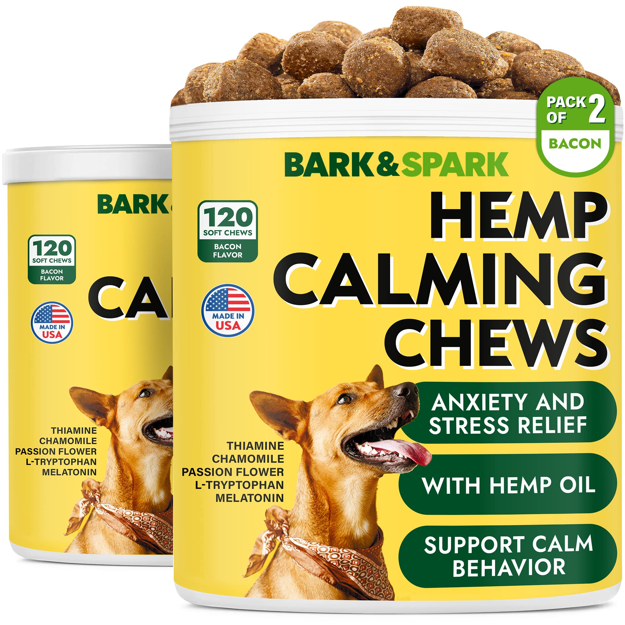 BARK&SPARK Premios calmantes para perros, envase listo para uso diario.