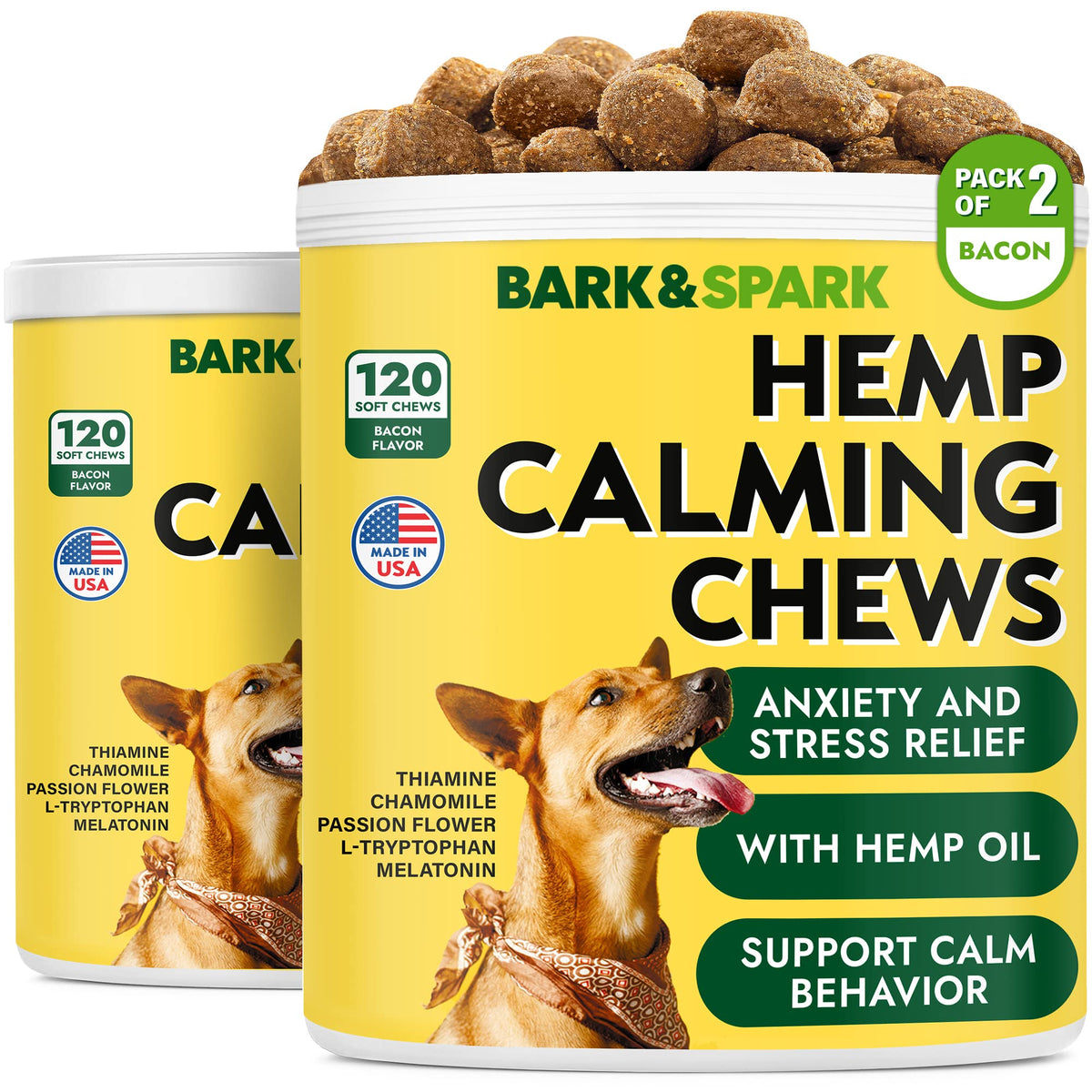 BARK&SPARK Premios calmantes para perros, envase listo para uso diario.