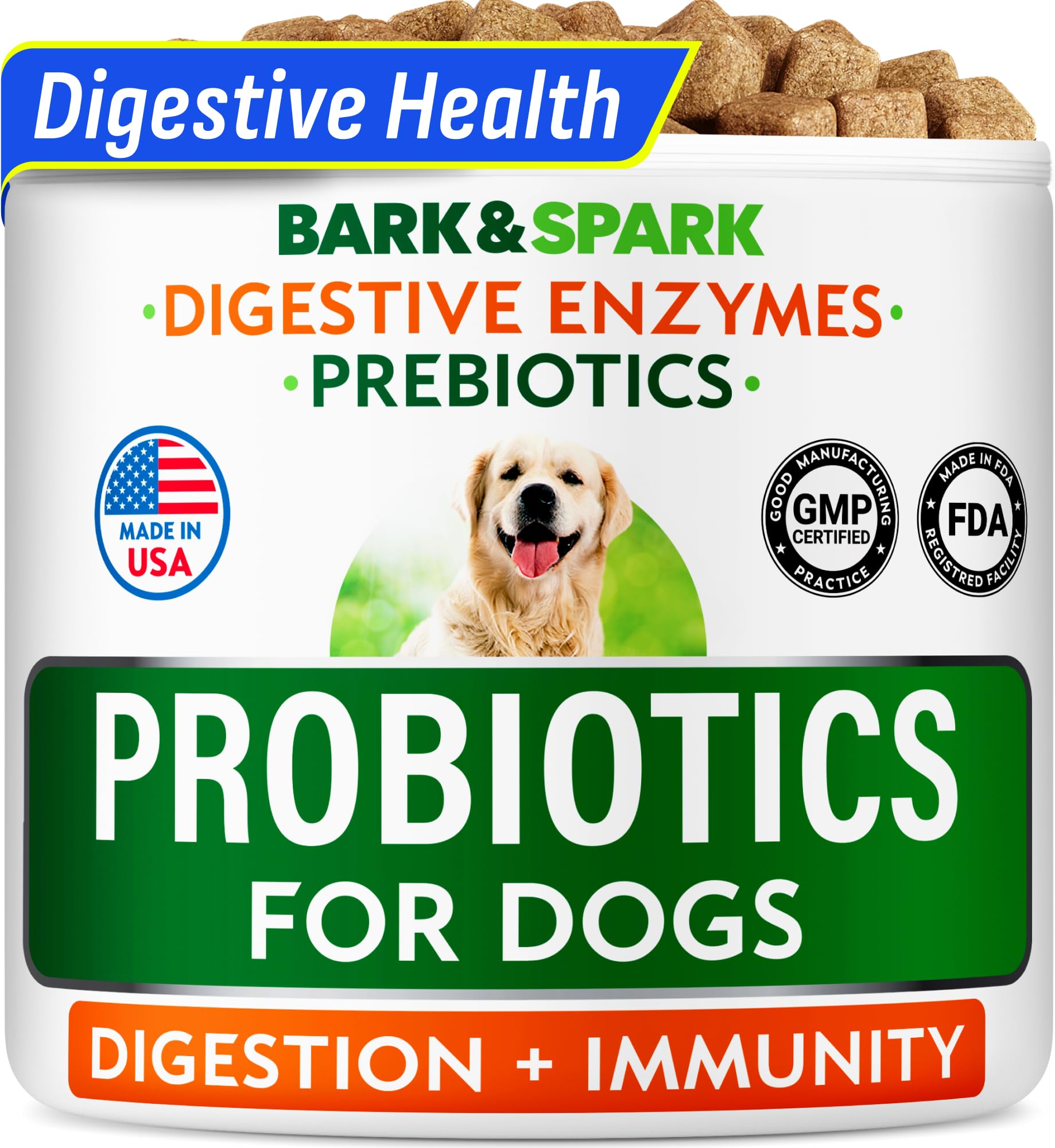 BARK&SPARK empaque masticables probióticos para perro, enfoque digestivo