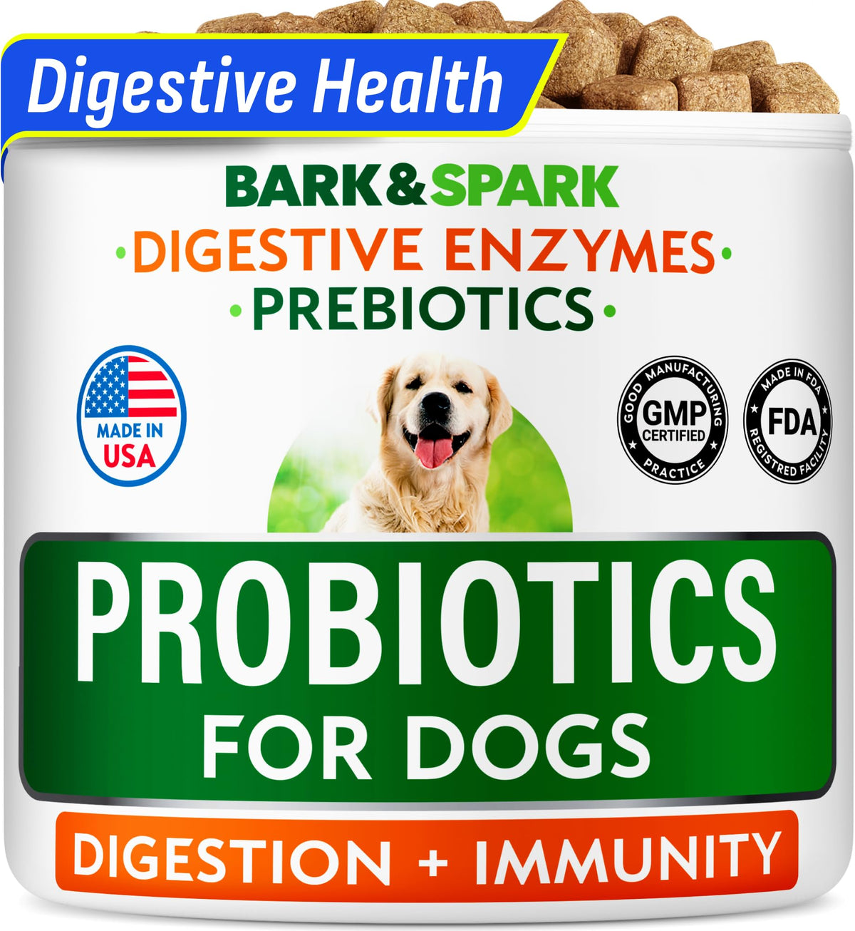 BARK&SPARK empaque masticables probióticos para perro, enfoque digestivo