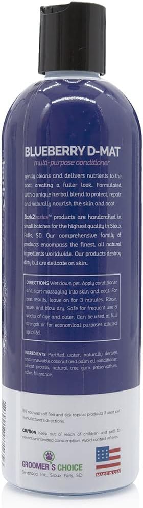 Bark2Basics Blueberry D-Mat, etiqueta clara, ingredientes naturales para el cuidado diario.