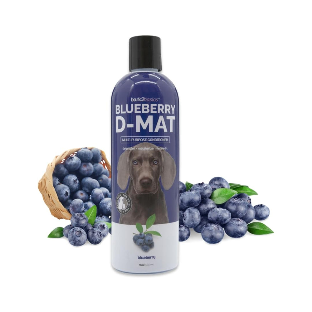 Bark2Basics Blueberry D-Mat, botella, desenreda y suaviza el pelaje.
