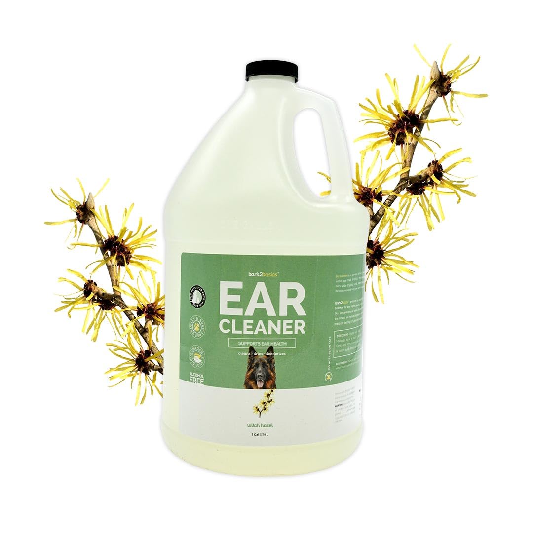Bark2Basics limpiador de oídos para perros, botella de galón, base suave para oídos sensibles.