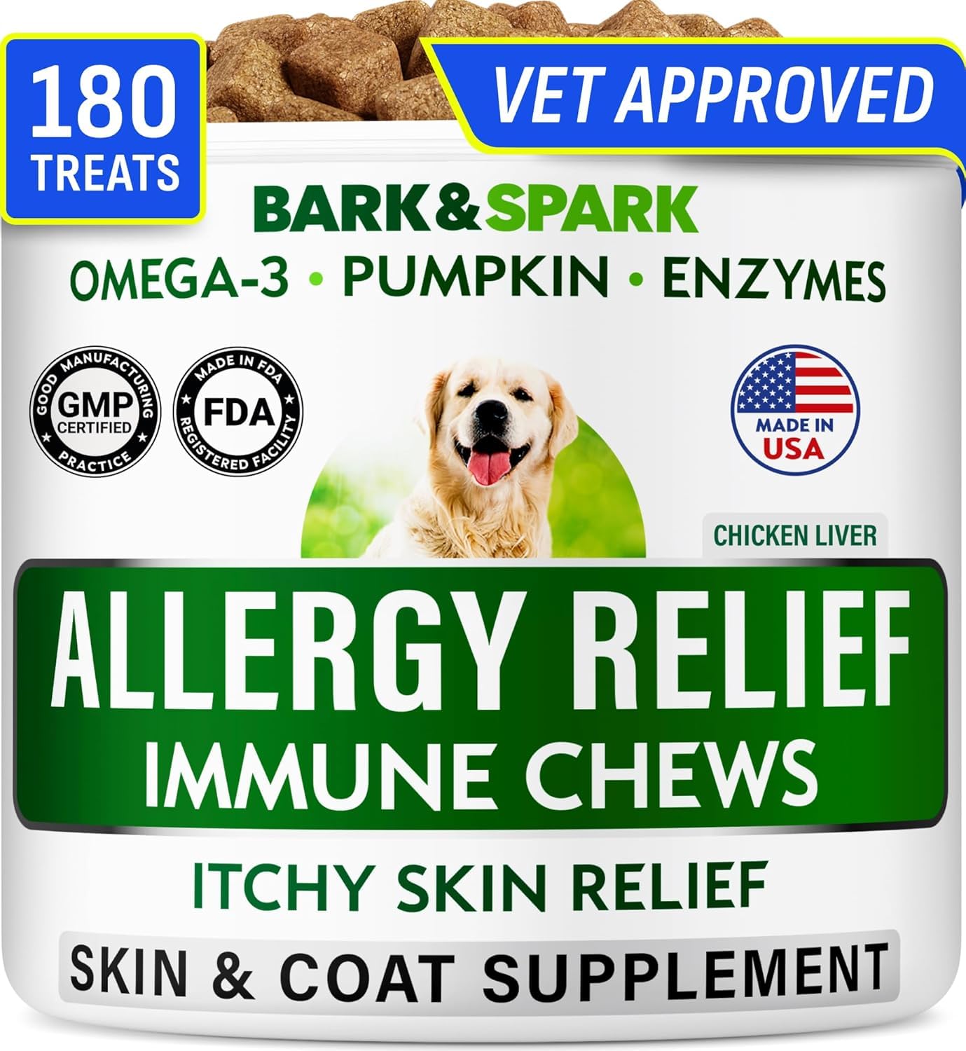 BARK&SPARK Alivio de alergias en perros, botella con masticables para uso diario.