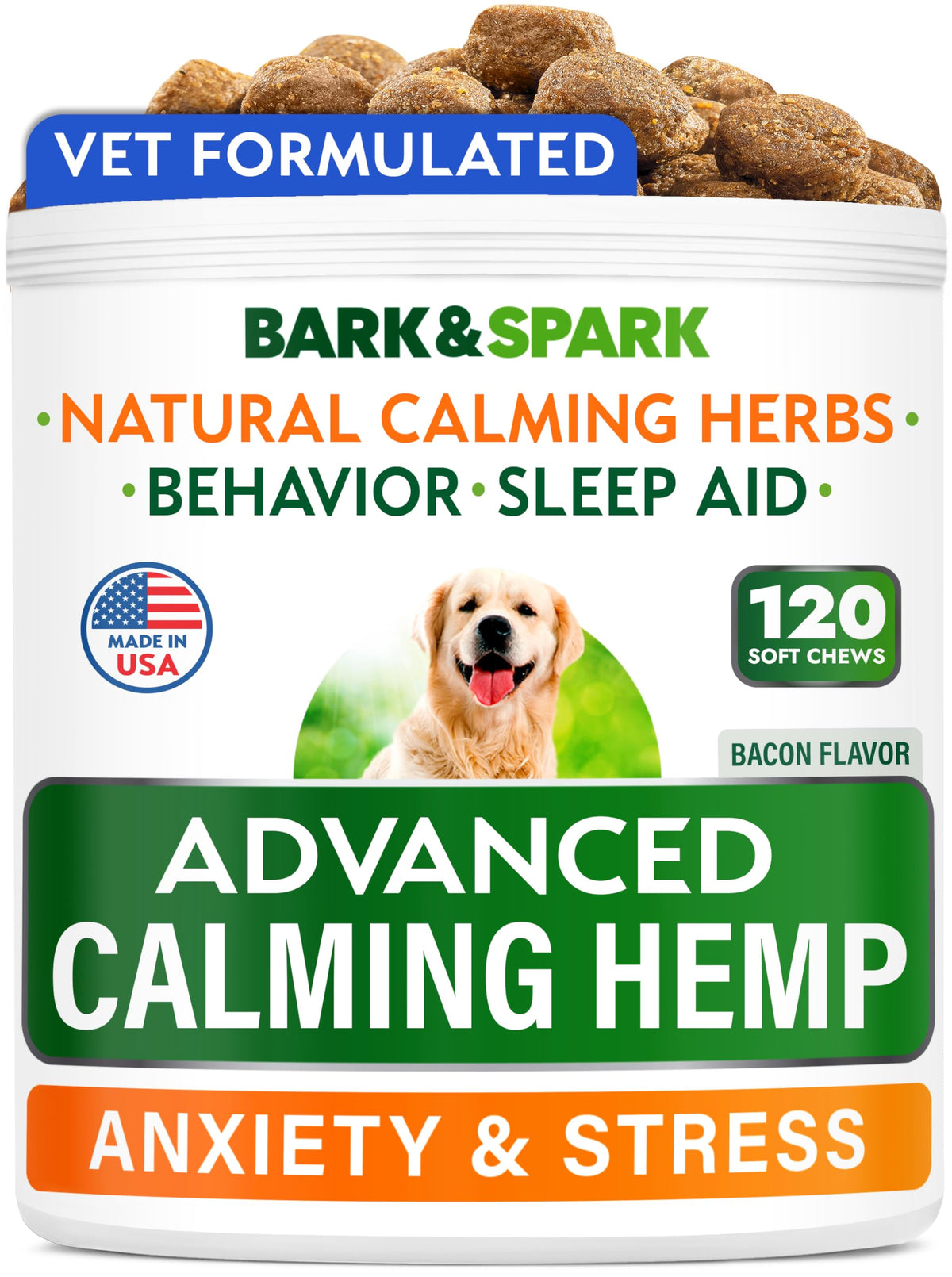 BARK&SPARK en botella, galletas calmantes para perros, promueven calma tras ruidos fuertes.