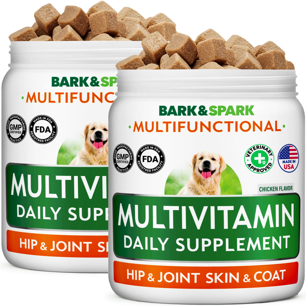 BARK&SPARK Dog Multivitamin Chews en envase, apoyo general para perros.