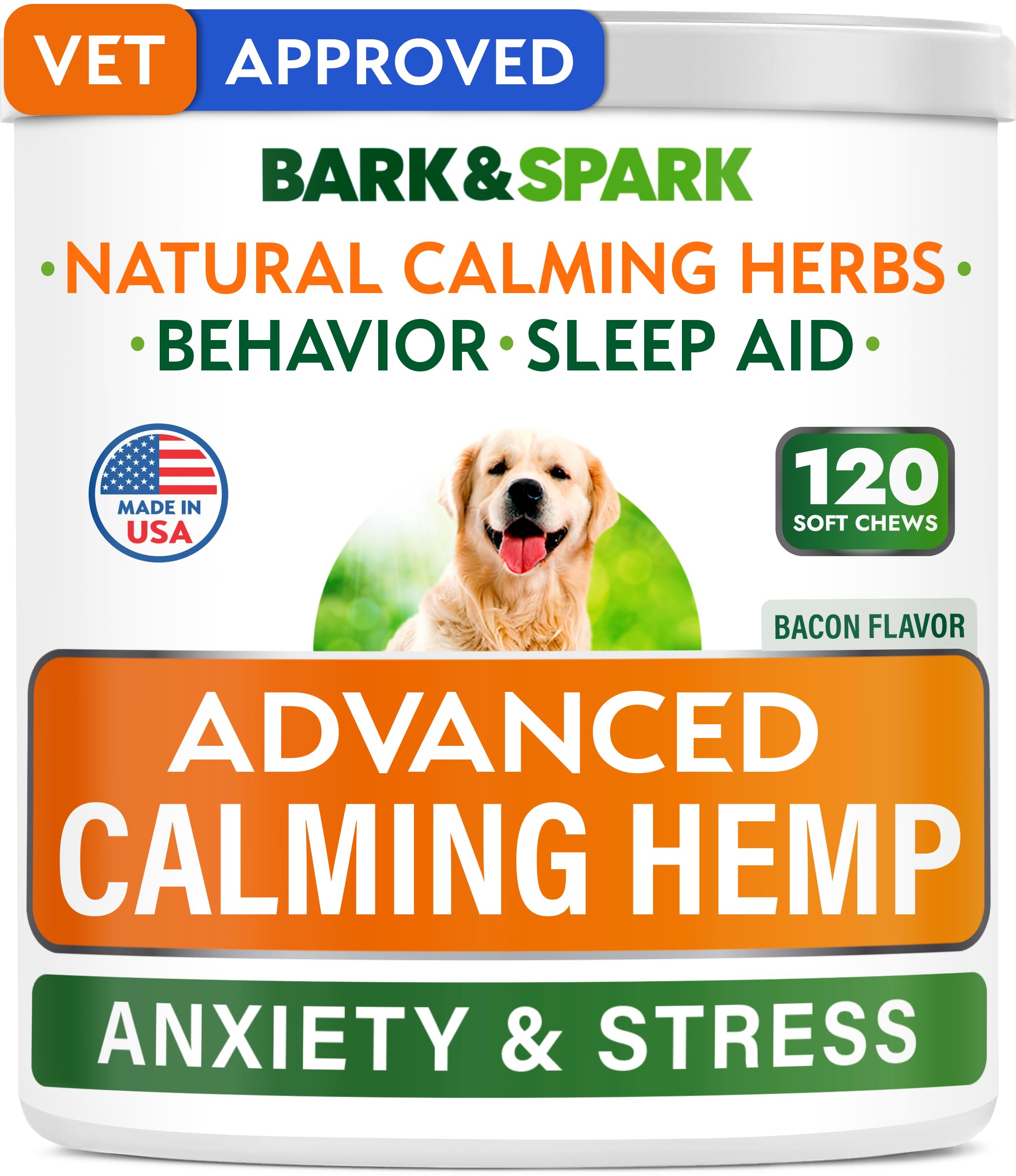 BARK&SPARK bocaditos calmantes en empaque frontal, sabor BBQ para perros.
