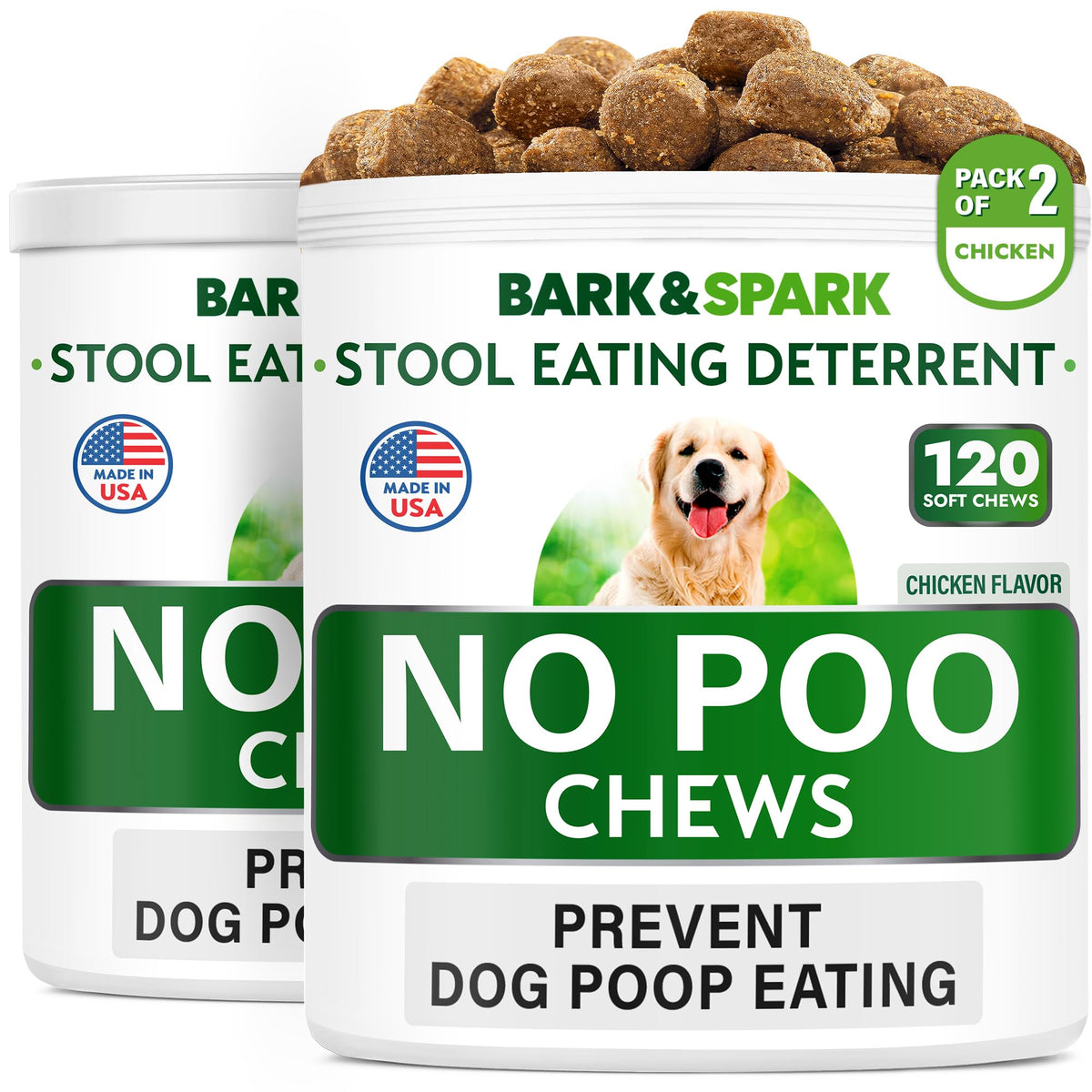 BARK&SPARK No Poo Treats, envase de dos frascos, conveniente para uso diario.