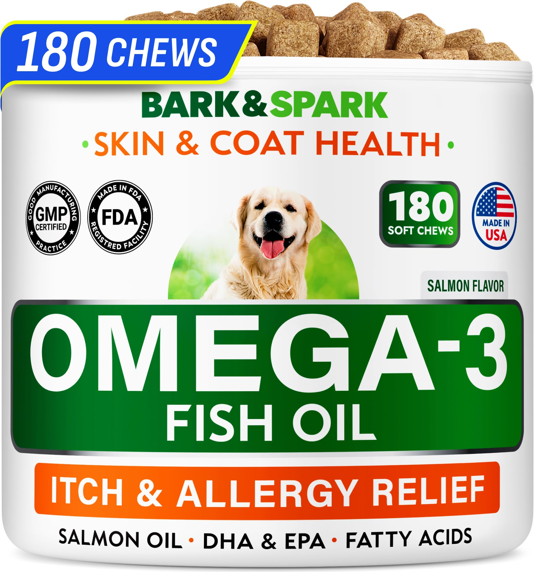 BARK&SPARK Omega-3 para perros y gatos, frasco abierto, favorece pelaje sano y piel.