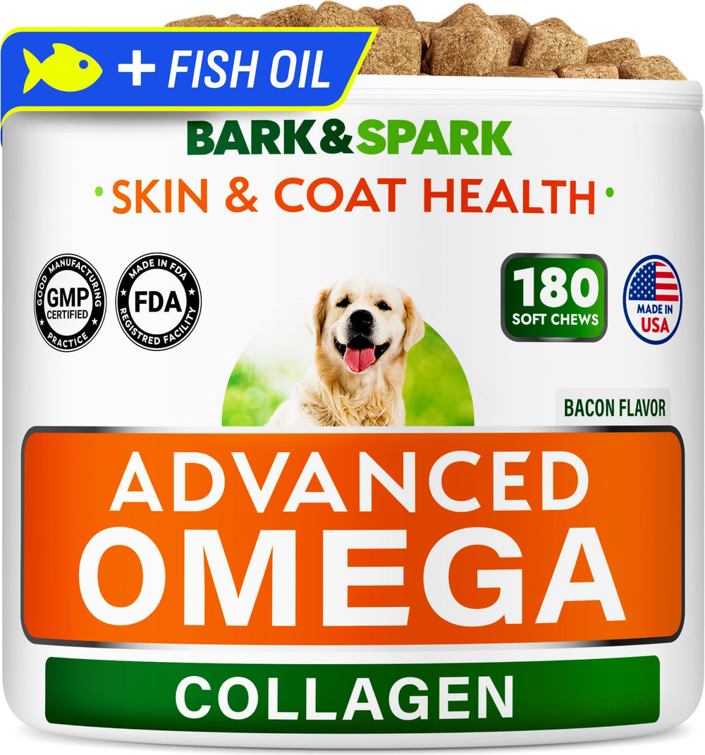 BARK&SPARK Omega-3 Collagen para perros: masticables para pelaje suave y brillante.
