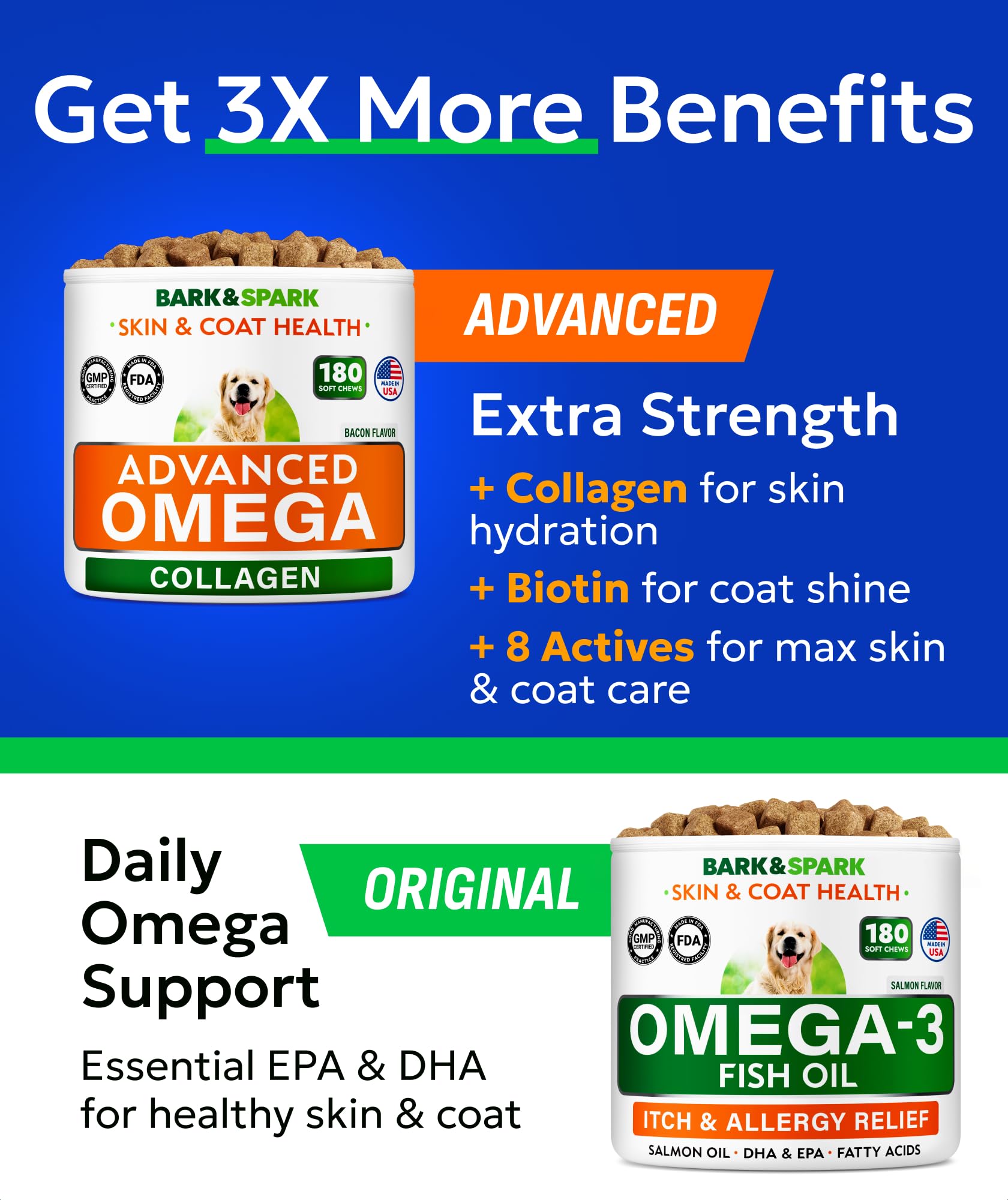 BARK&SPARK Omega-3 Collagen para perros: masticables para piel saludable.
