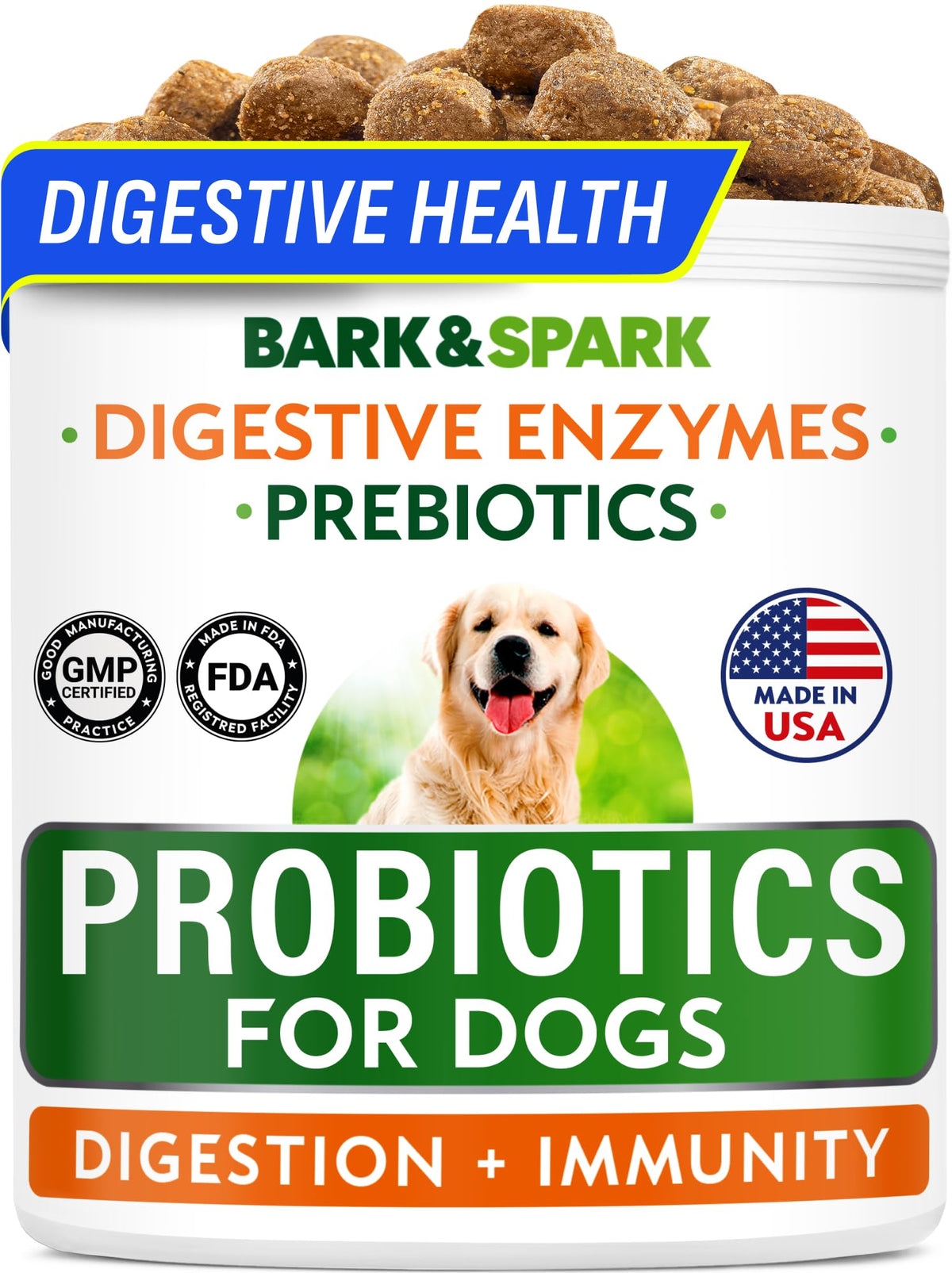 BARK&SPARK probioticos para perros, enfoque digestivo, masticables sabor pollo para la salud intestinal.
