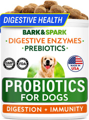 BARK&SPARK probioticos para perros, enfoque digestivo, masticables sabor pollo para la salud intestinal.