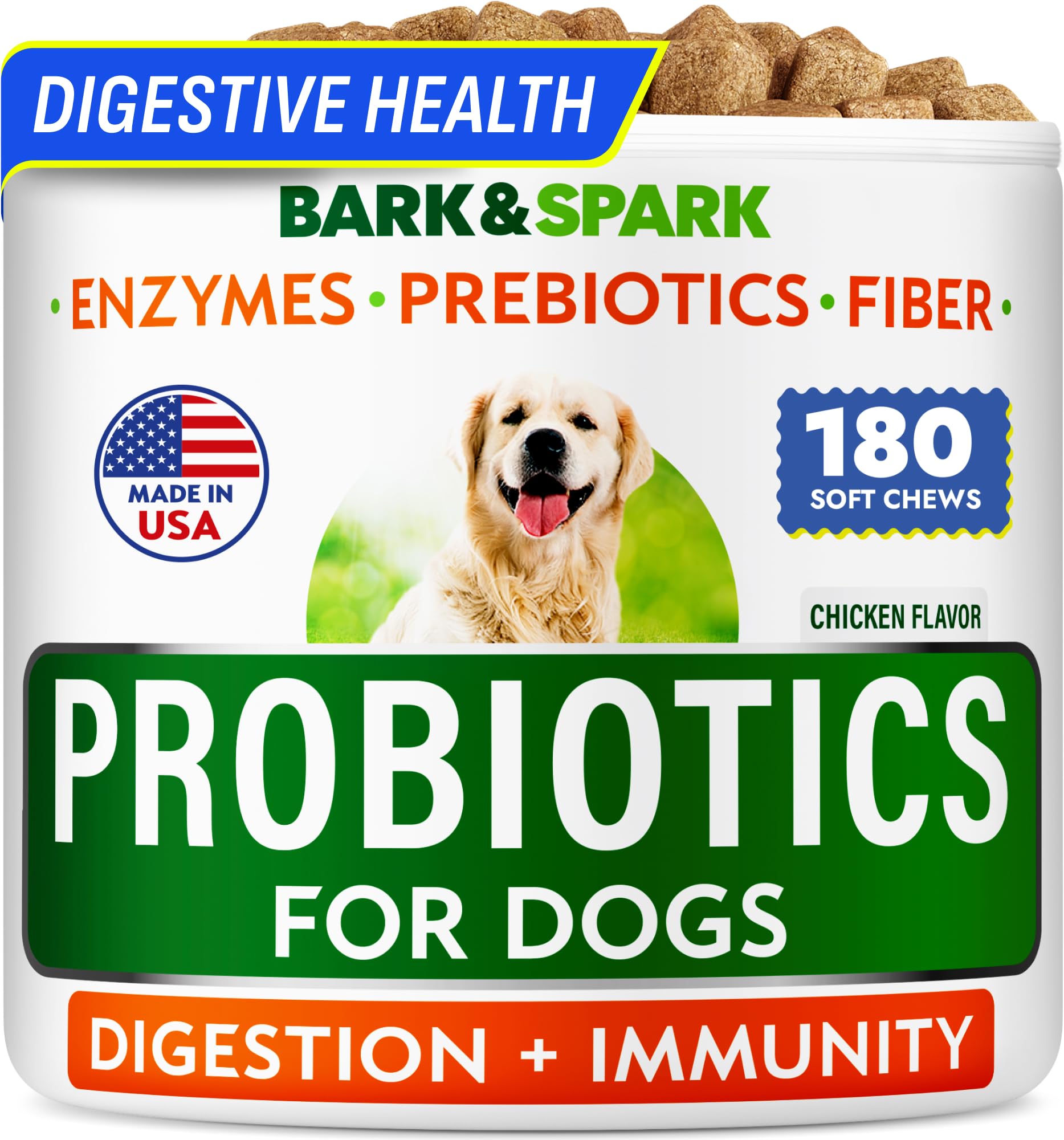 BARK&SPARK: empaque de 180 masticables para soporte digestivo en perros.