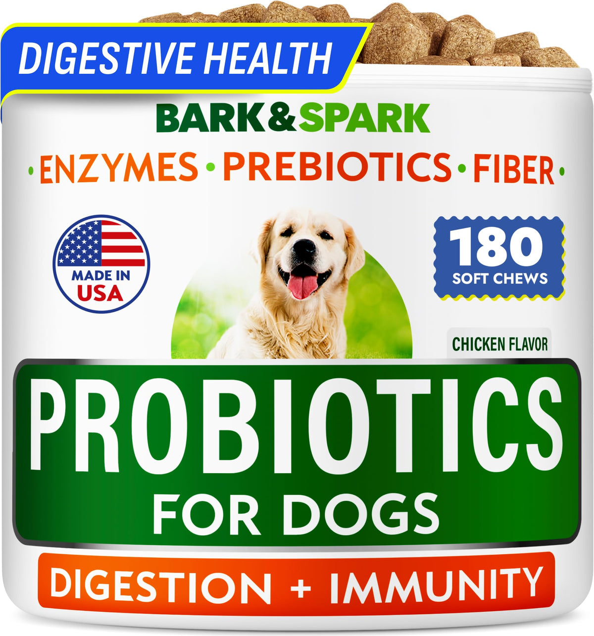 BARK&SPARK: empaque de 180 masticables para soporte digestivo en perros.