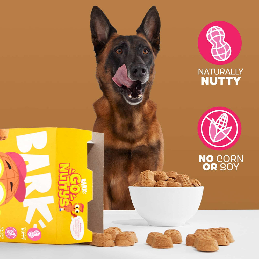 Barkbox Go Nutty hecho en EE. UU., ingredientes de calidad para tranquilidad.