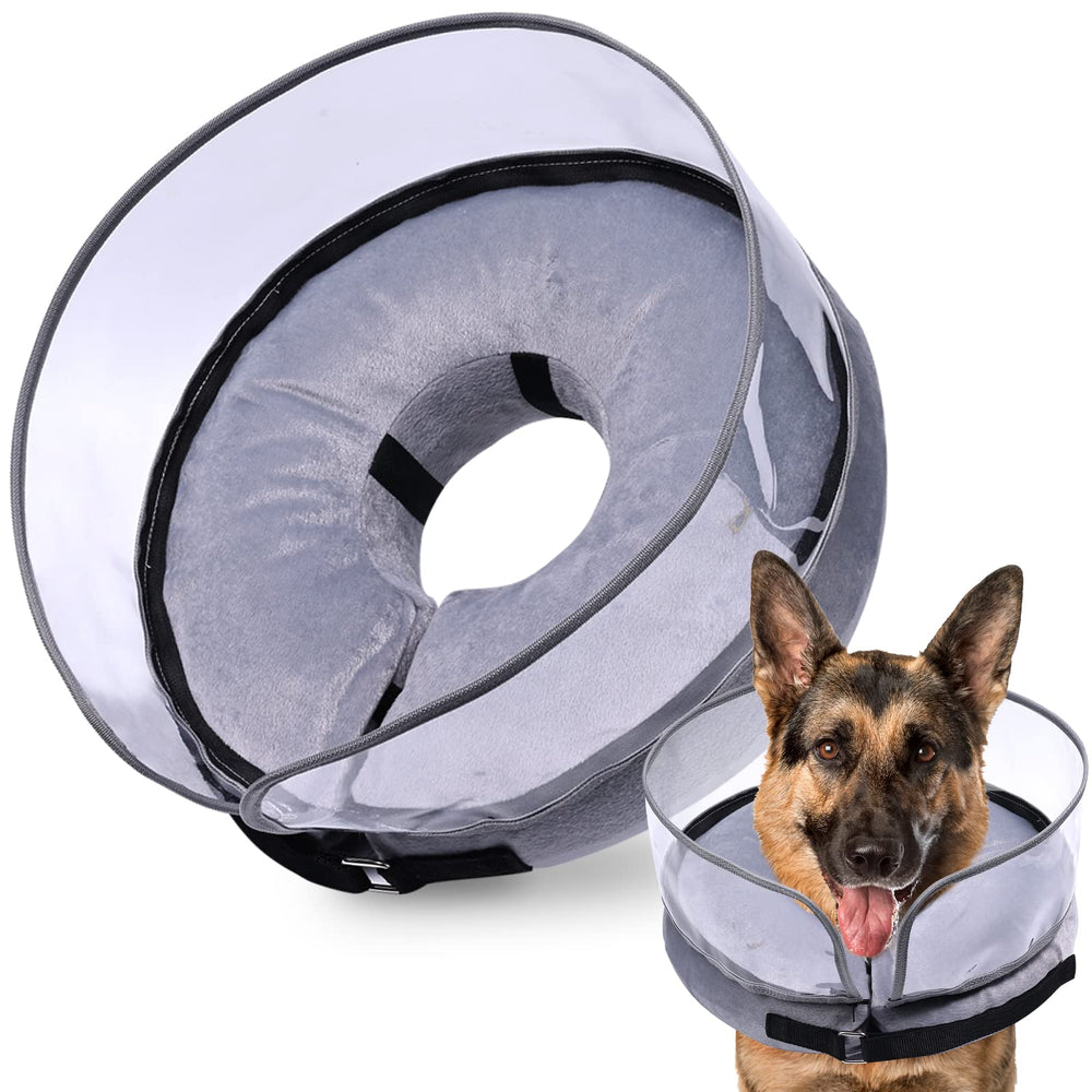 Cono inflable Barkless para perros grandes, vista frontal, facilita movilidad sin bloquear la visión.