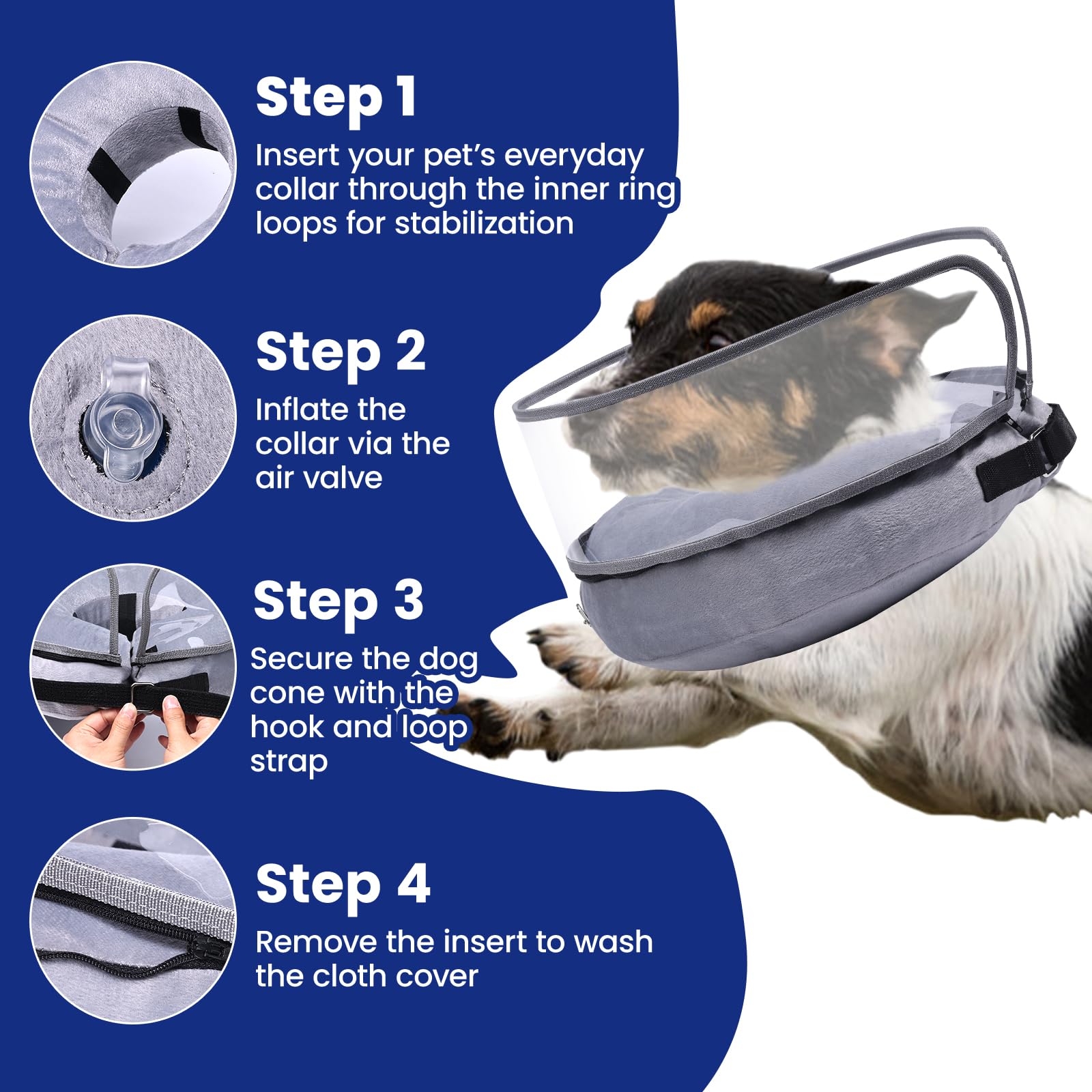 BARKLESS uso diario y cuidado del collar inflable para perros pequeños y medianos.