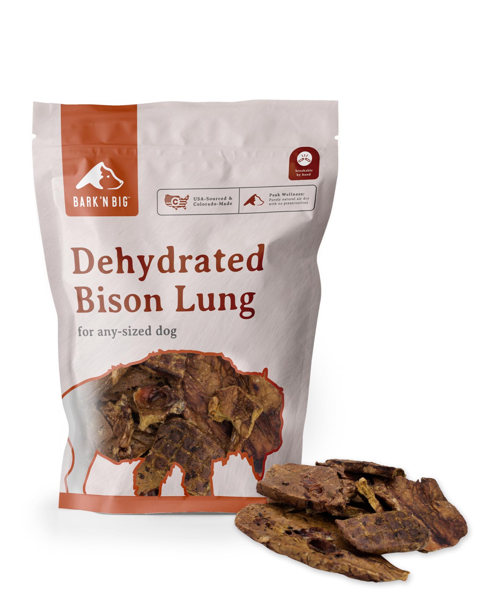 BARK'N BIG tentempié de pulmón de bisonte, crujiente para perros activos.