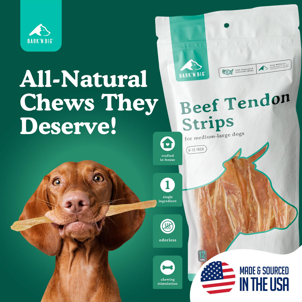 BARK'N BIG tiras de tendones de res, un solo ingrediente para perros sensibles.