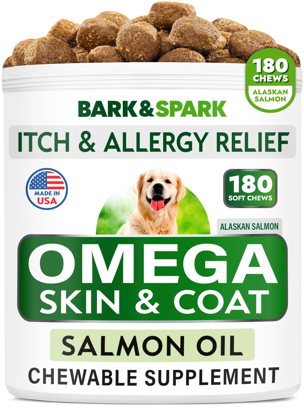 BARK&SPARK Omega-3 para perros, frasco masticables para un pelaje suave y saludable.