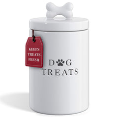 Barnyard Designs contenedor de golosinas para perros cerámico blanco con tapa