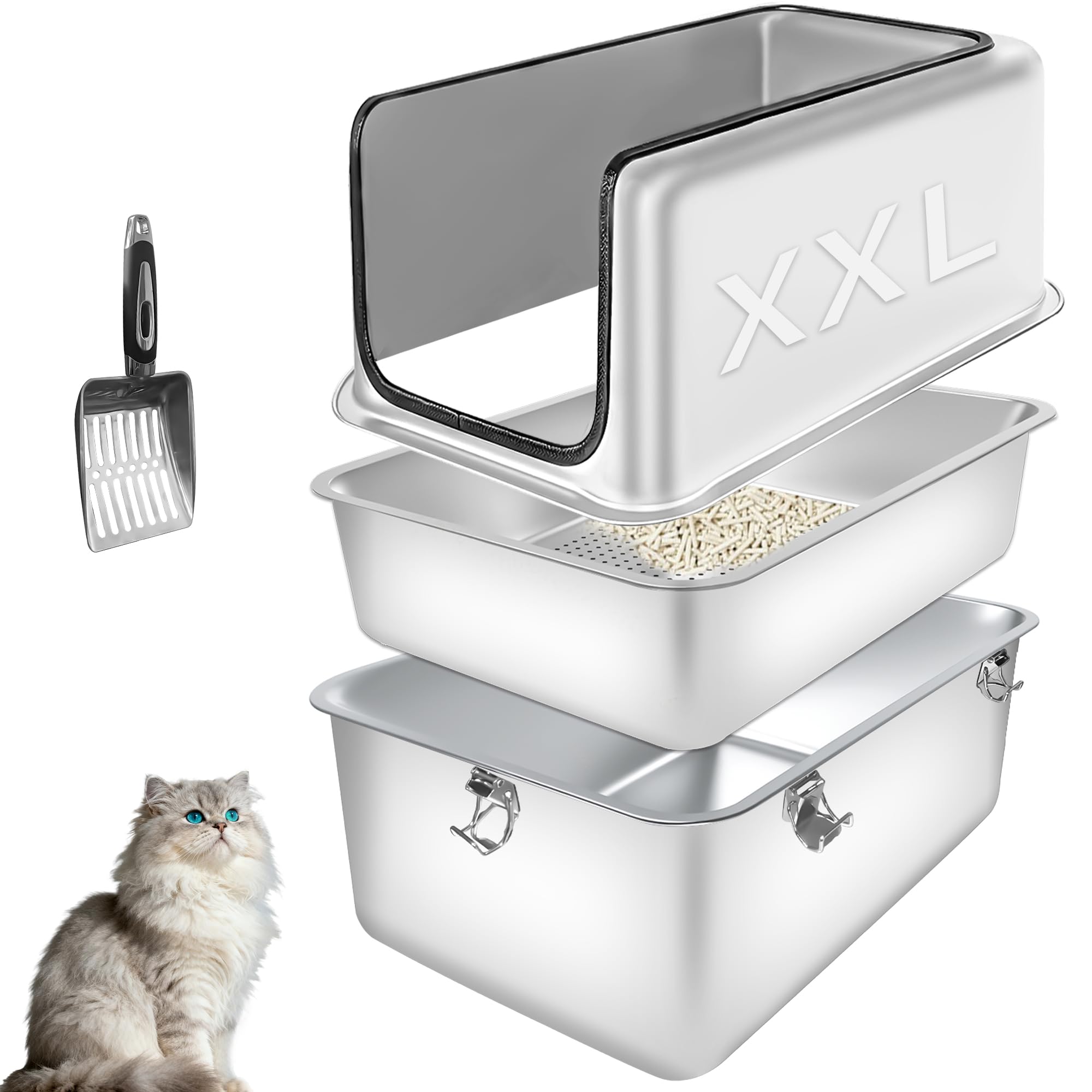 Bartuke caja de arena para gatos de acero inoxidable, vista frontal, amplio espacio.