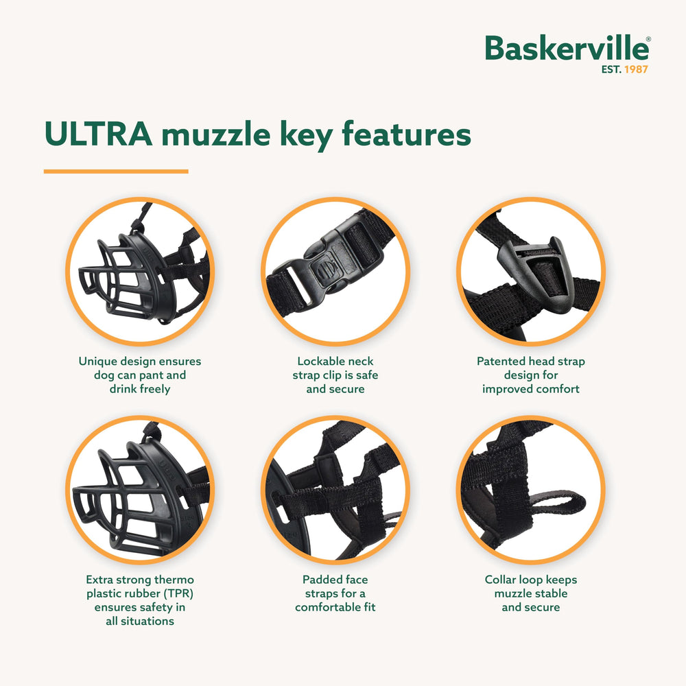 Baskerville Ultra Muzzle, correa acolchada, comodidad prolongada durante paseos.
