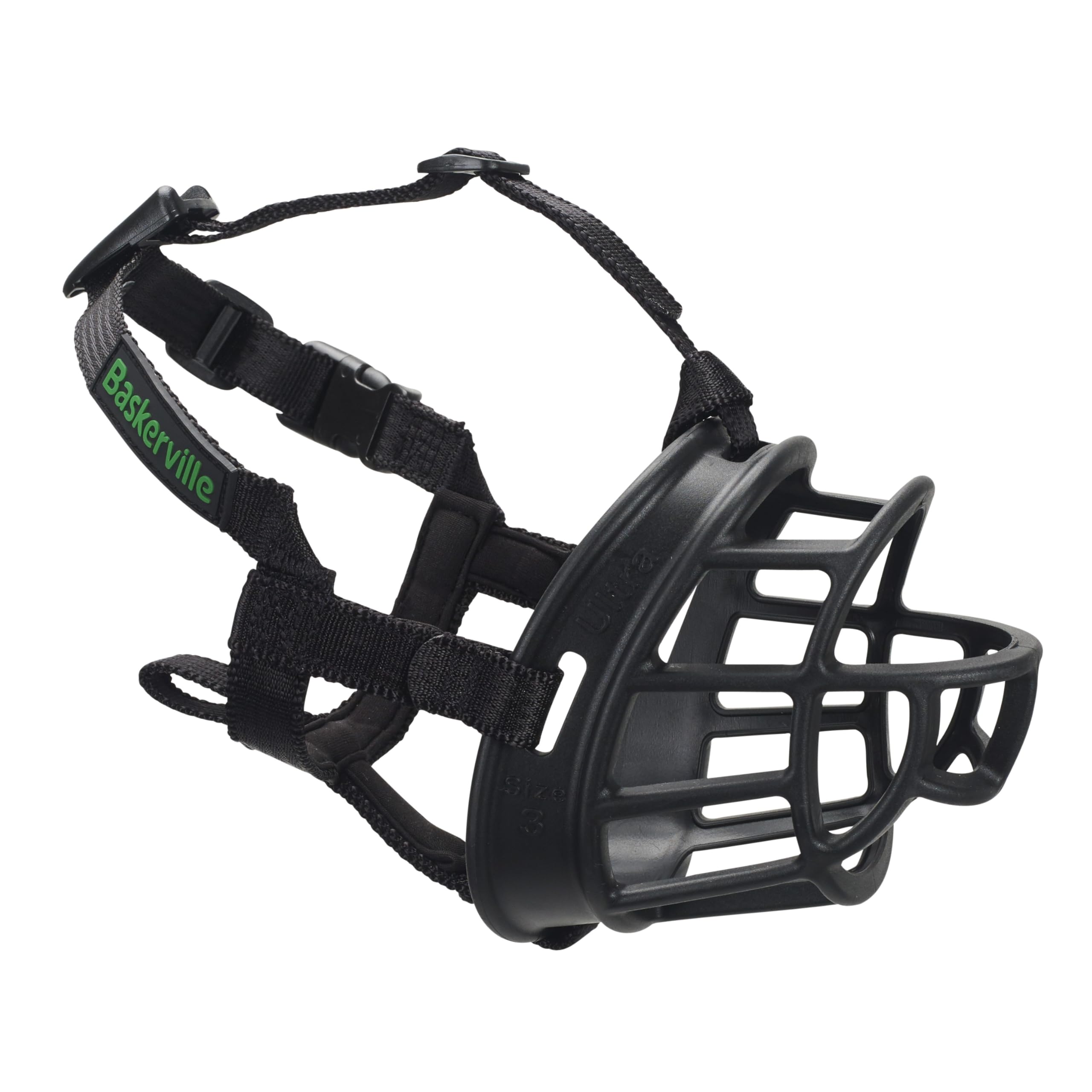 Baskerville Ultra Muzzle, vista frontal, diseño cómodo para mordidas seguras.