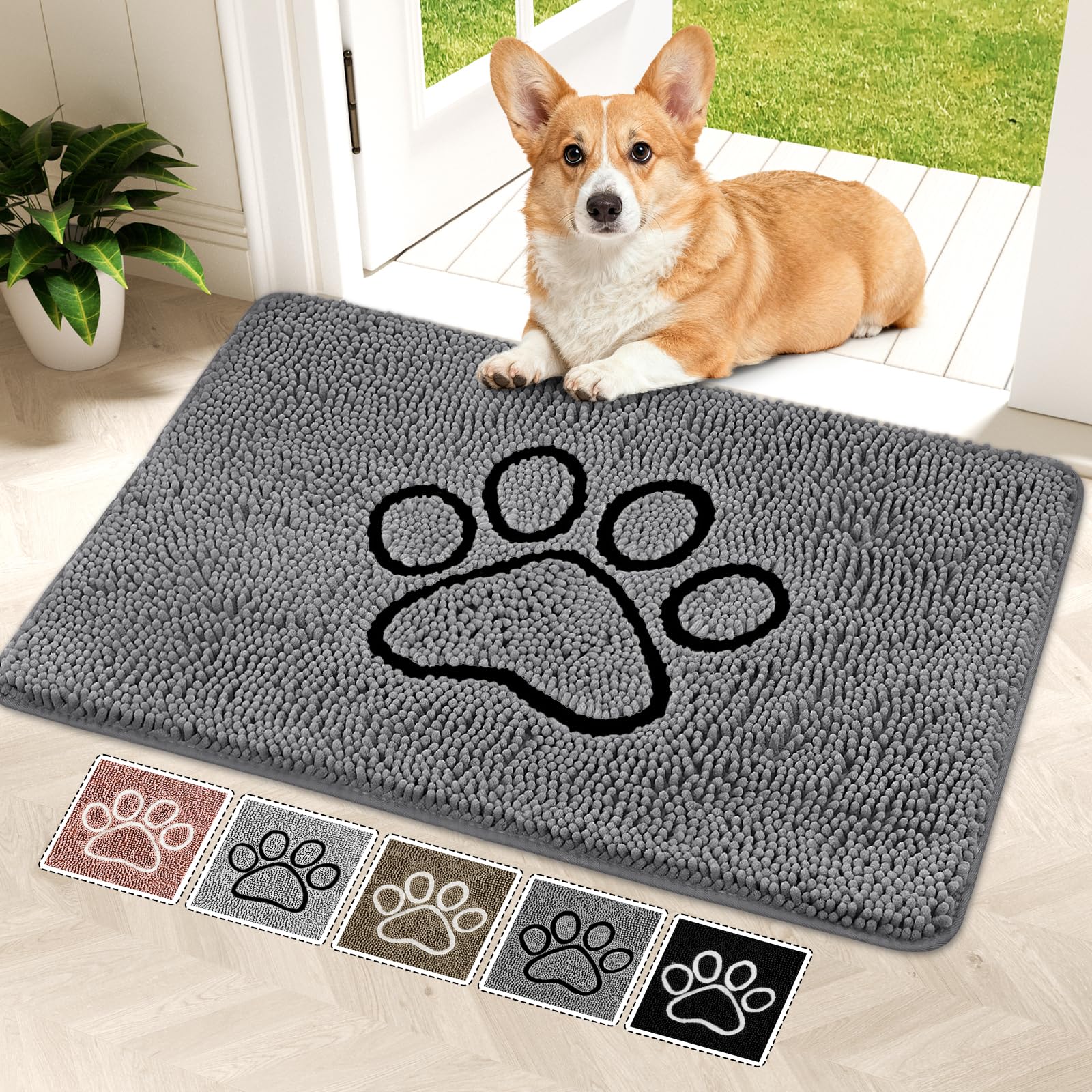 Alfombra absorbente Bcoimo para perros extendida en el umbral, ideal para patas mojadas.