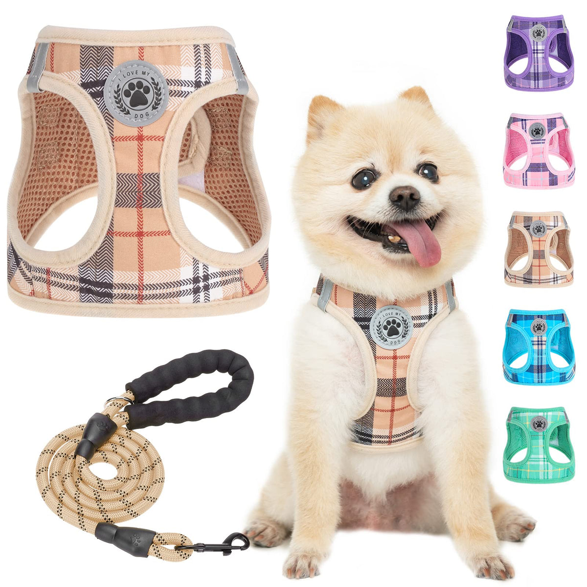 BEAUTYZOO arnés step-in con malla respirante y cuadros, ideal para perros pequeños.