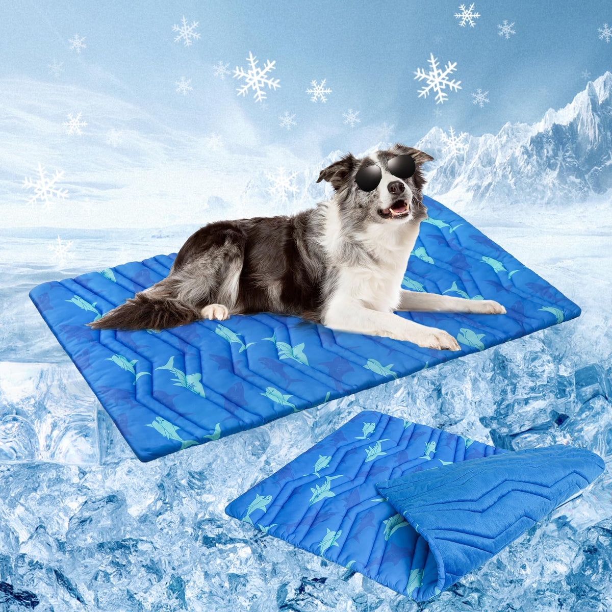 Manta refrigerante BEAUTYZOO vista frontal azul, enfriamiento instantáneo para perros grandes.