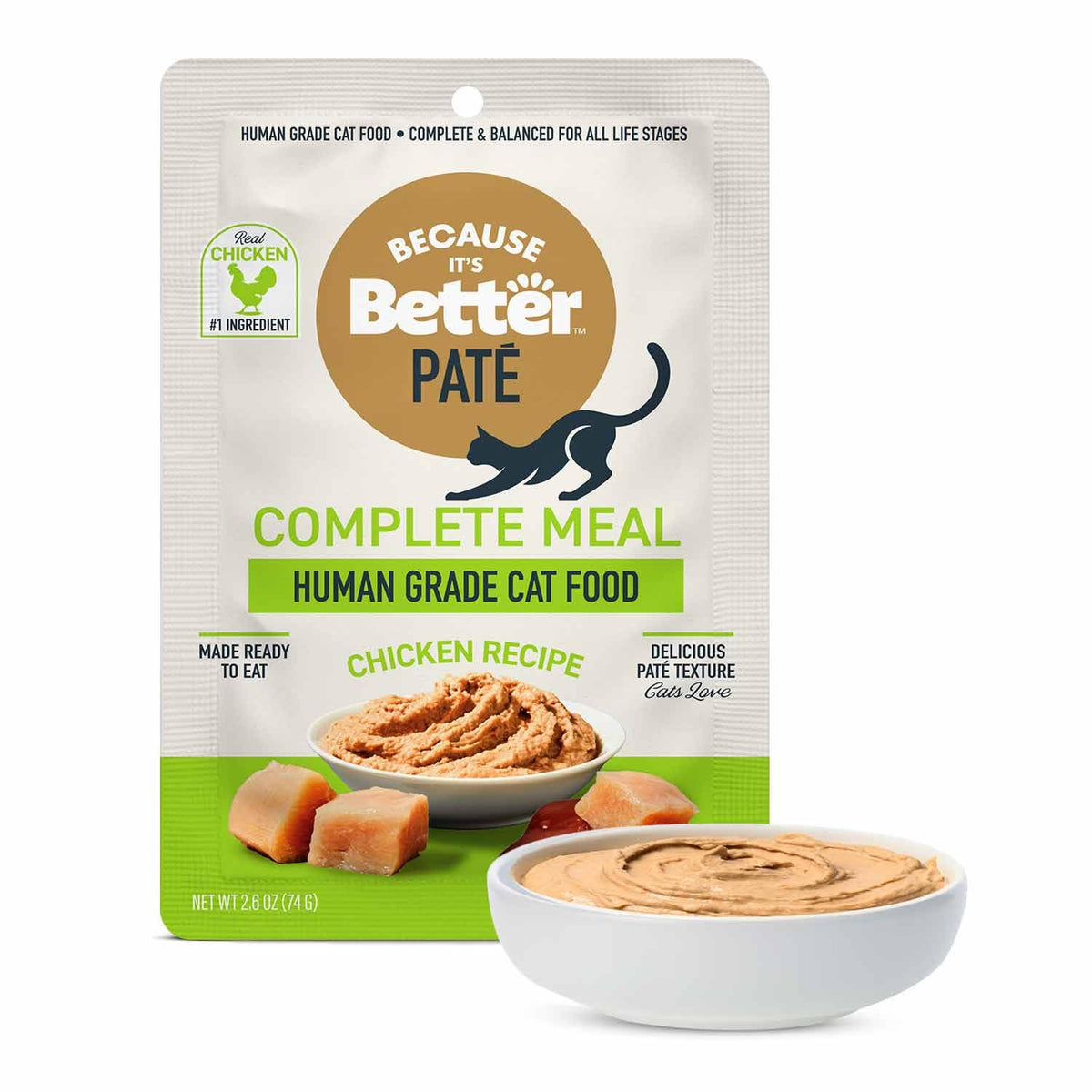 Paté de pollo real de Because It’s Better en bolsa de 2.6 oz para gatos