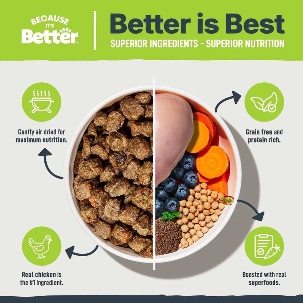 Because It’s Better real chicken first ingredient highlights protein for active dogs.