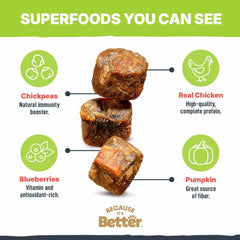 Because It’s Better visible vegetables show carrots, pumpkin, and blueberries for a wholesome meal.