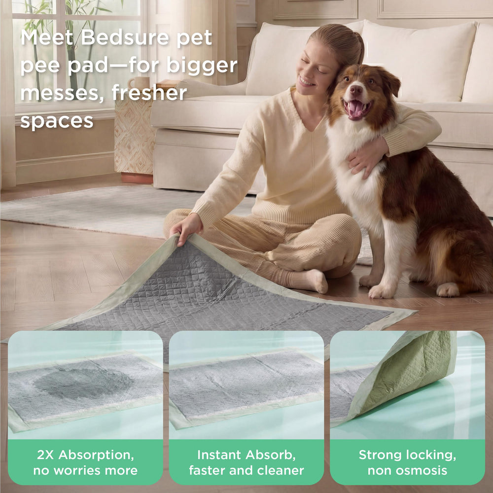 Bedsure almohadillas absorbentes rápidas 28x34 para patas secas y suelos limpios.