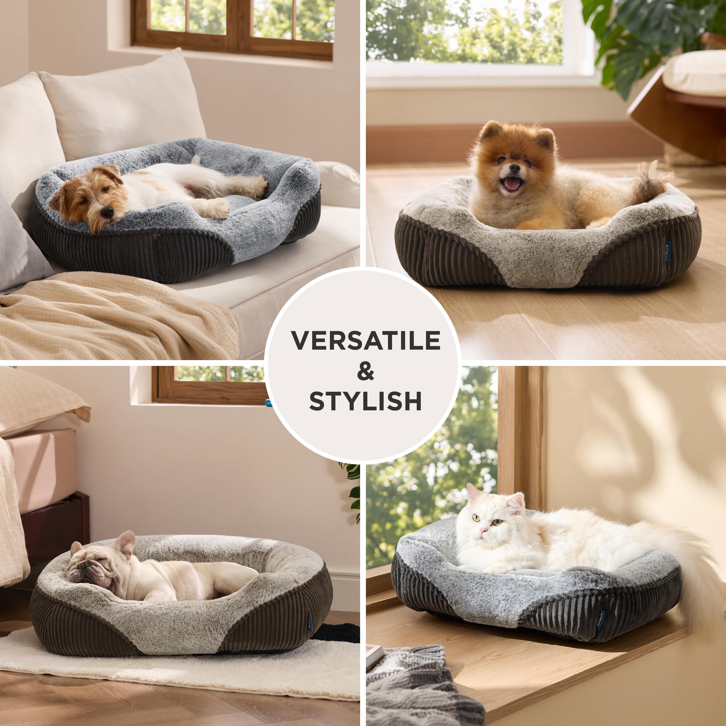 Bedsure cama para perro lavado fácil en ciclo suave y frío, gris.